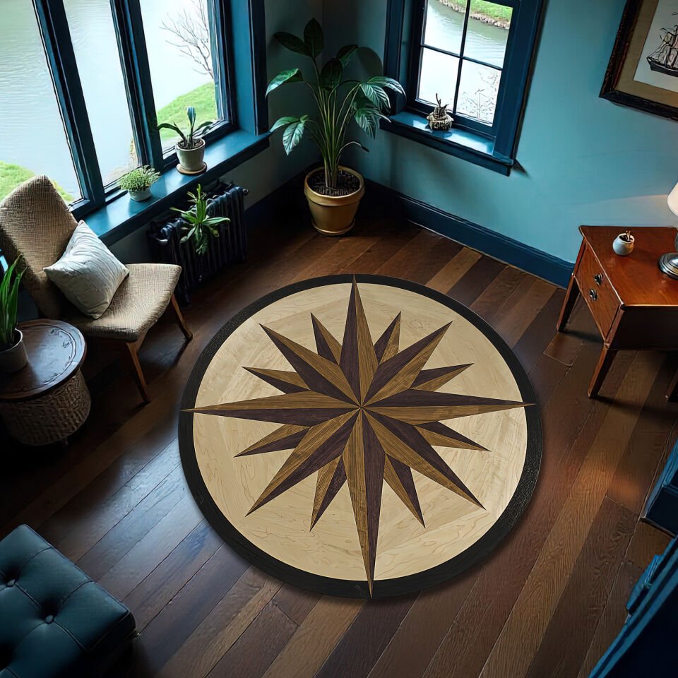 Rustic Compass Rose Wooden Round Rug