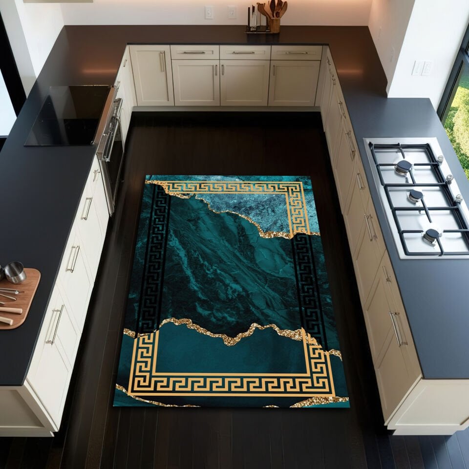 Luxury Marble Kitchen Rug – Emerald Green and Gold Elegant Floor Mat