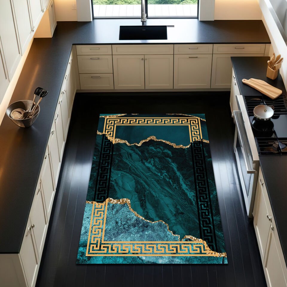 Luxury Marble Kitchen Rug – Emerald Green and Gold Elegant Floor Mat