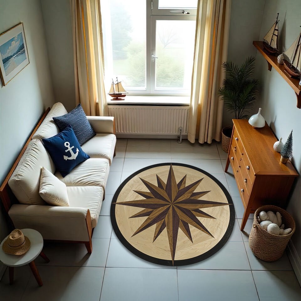 Rustic Compass Rose Wooden Round Rug