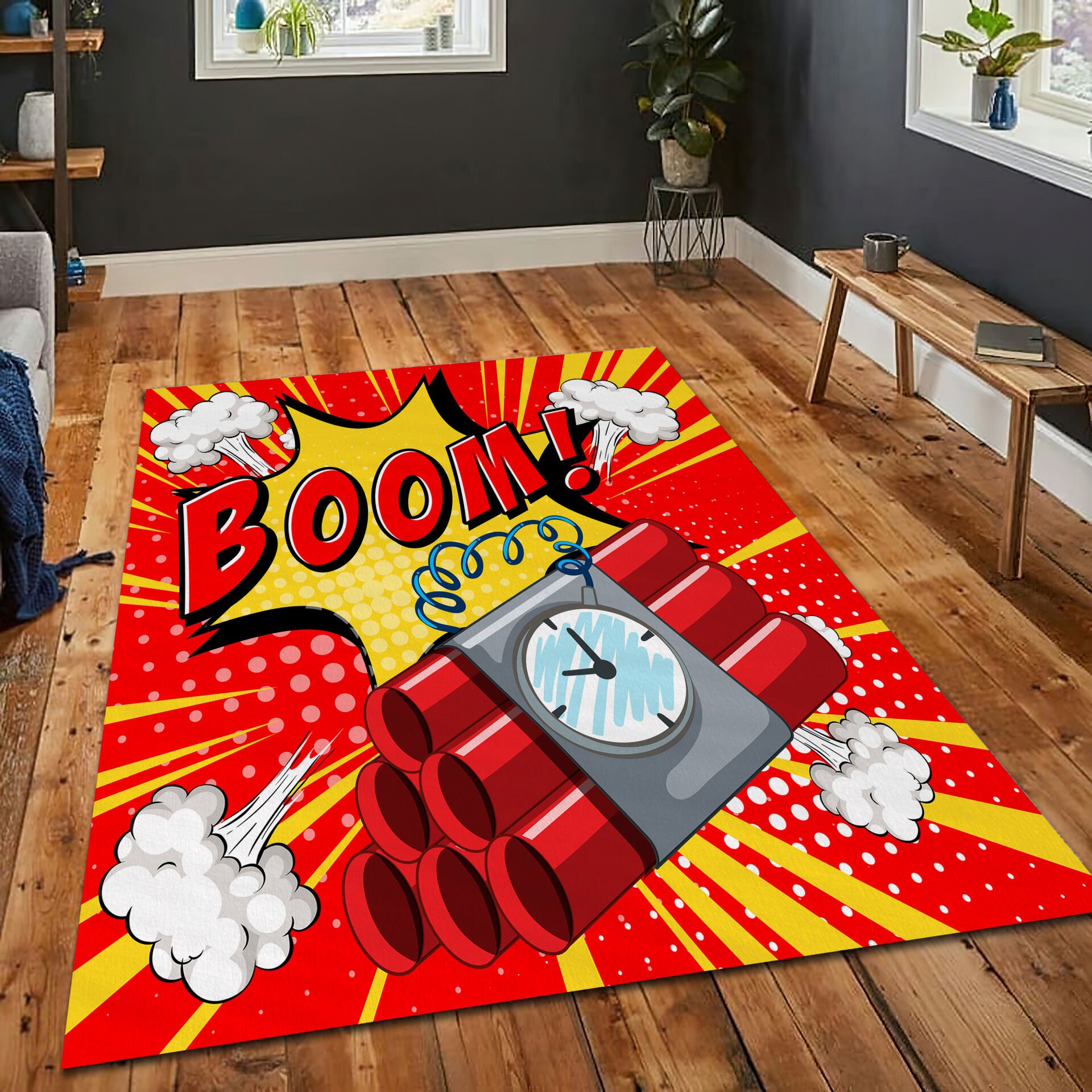 Comic Boom Rug Pop Art Explosion Carpet Graphic Novel Style Floor Mat Colorful Cartoon Decor