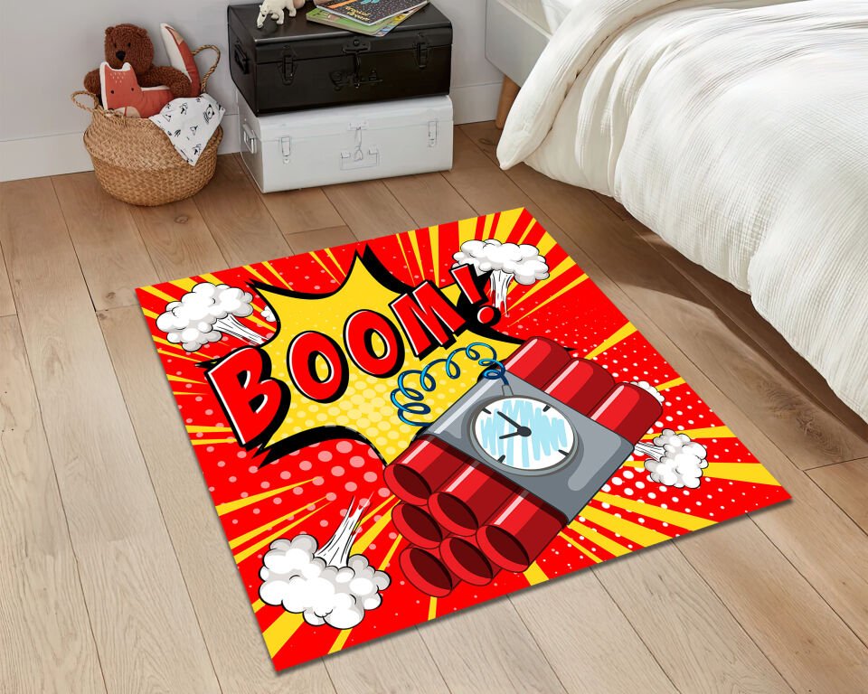 Comic Boom Rug Pop Art Explosion Carpet Graphic Novel Style Floor Mat Colorful Cartoon Decor