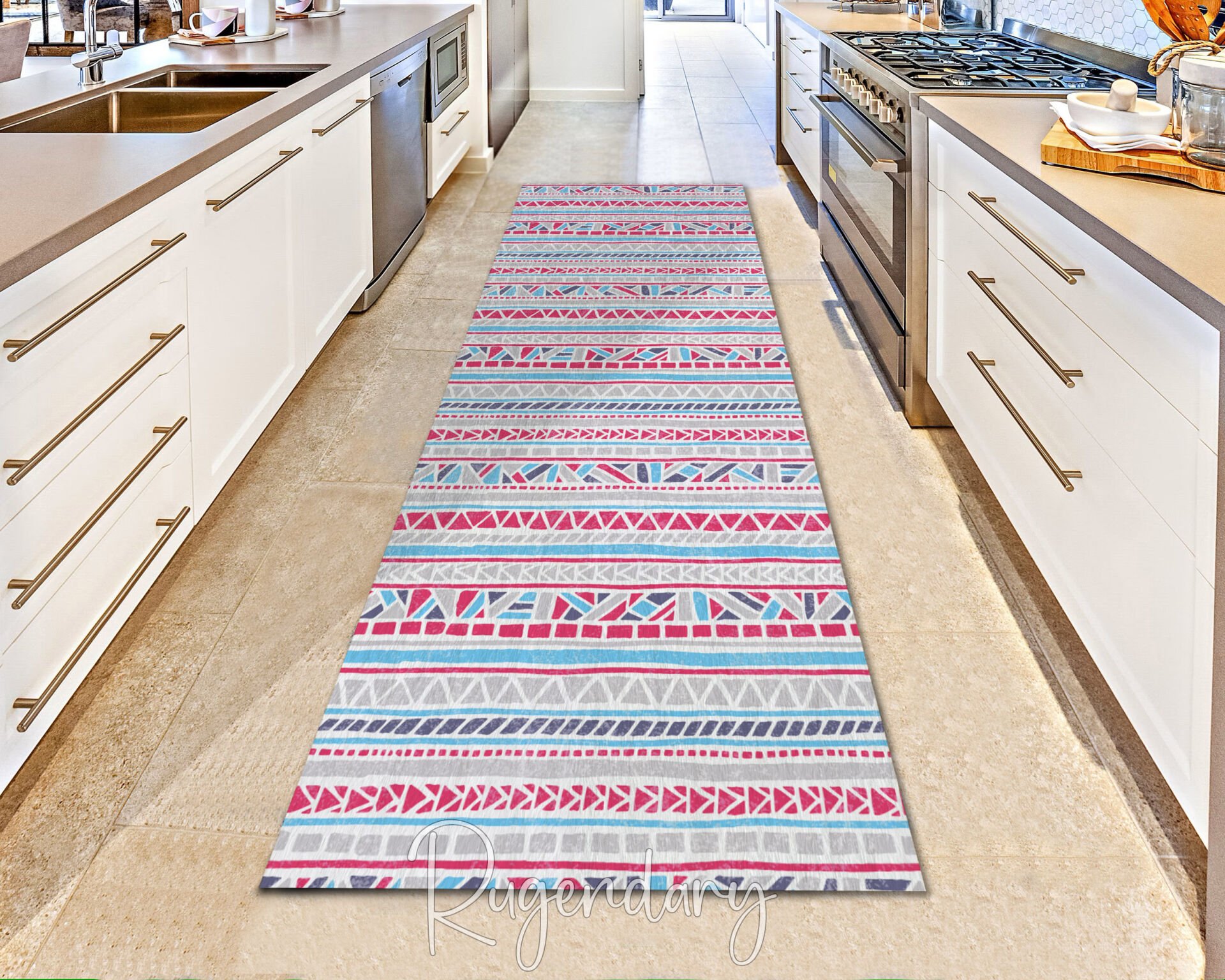 Tribal Pattern Kitchen Runner Rug – Red, Blue & White Geometric Design