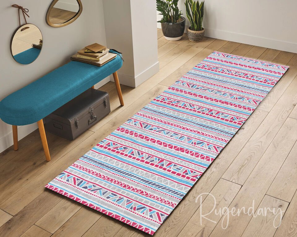 Tribal Pattern Kitchen Runner Rug – Red, Blue & White Geometric Design