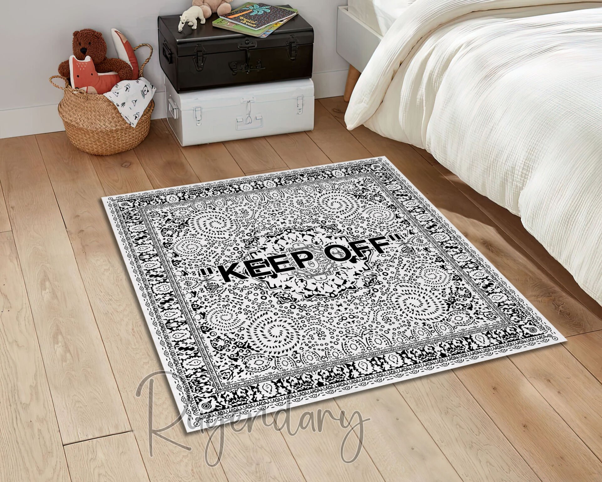 Minimal ''KEEP OFF'' White Square Rug – Modern Monochrome Statement Carpet