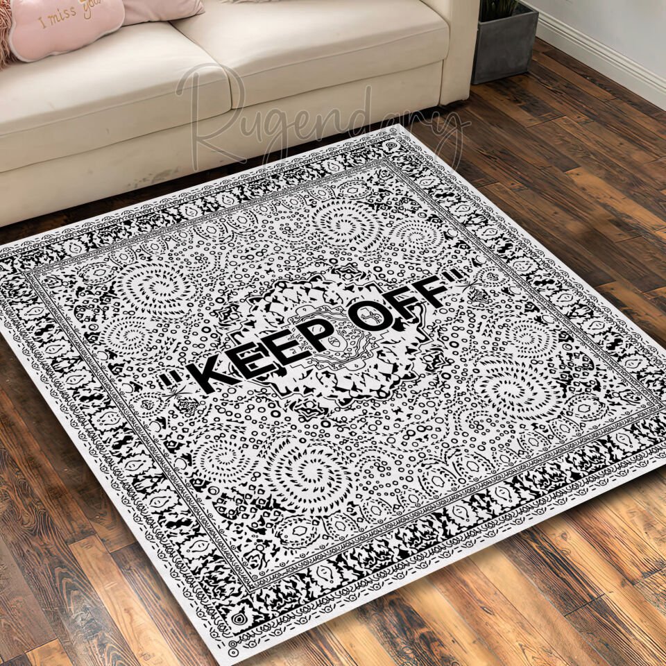 Minimal ''KEEP OFF'' White Square Rug – Modern Monochrome Statement Carpet