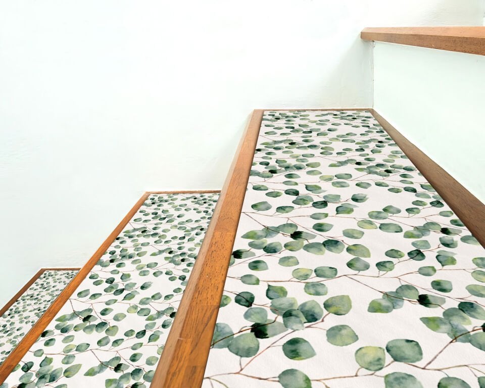 Green Eucalyptus Leaves Stair Treads – Nature-Inspired Non-Slip Step Mats