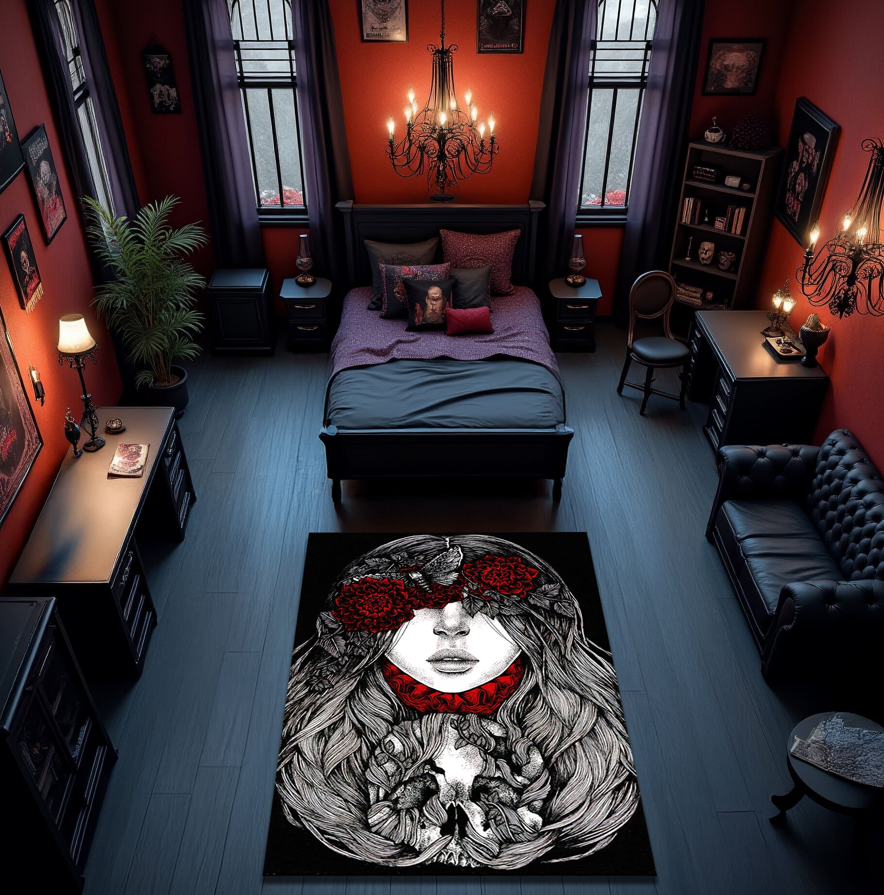Gothic Woman and Skull Rug – Dark Art Carpet with Red Rose Accents