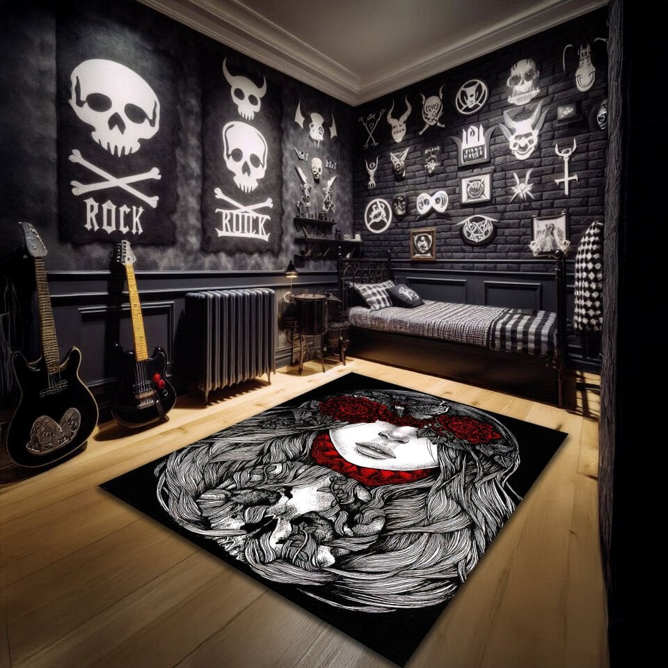 Gothic Woman and Skull Rug – Dark Art Carpet with Red Rose Accents