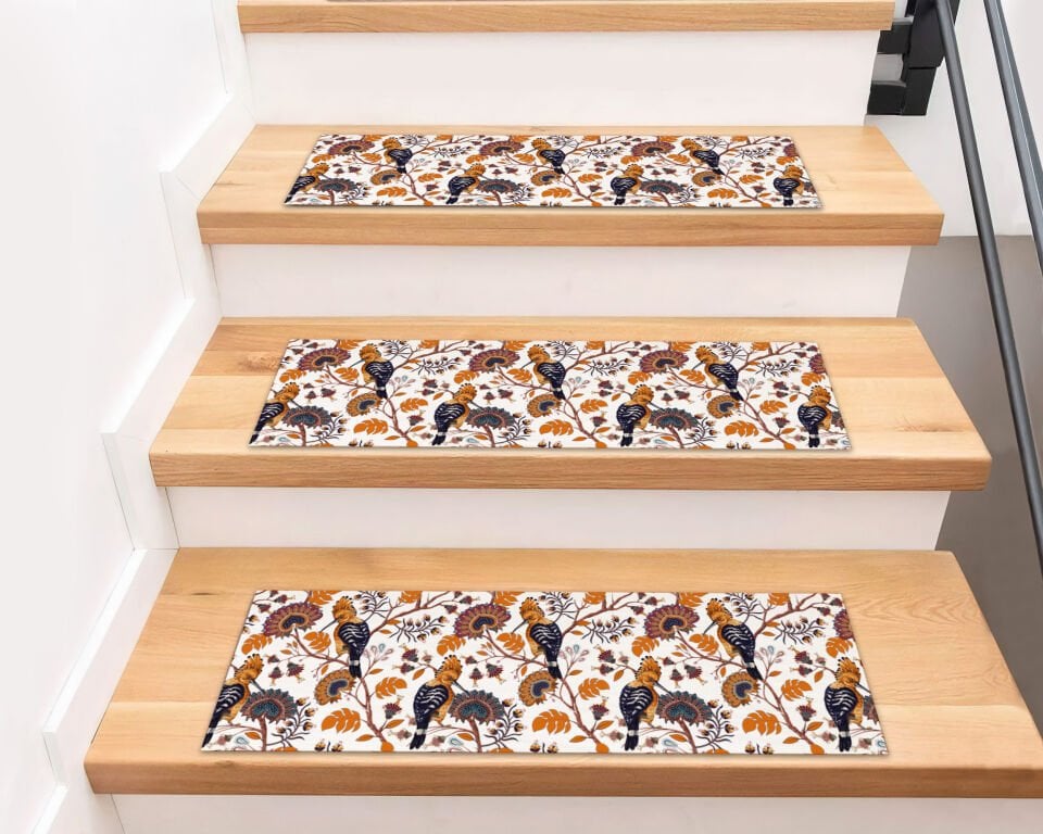Charming Bird and Floral Pattern Stair Treads