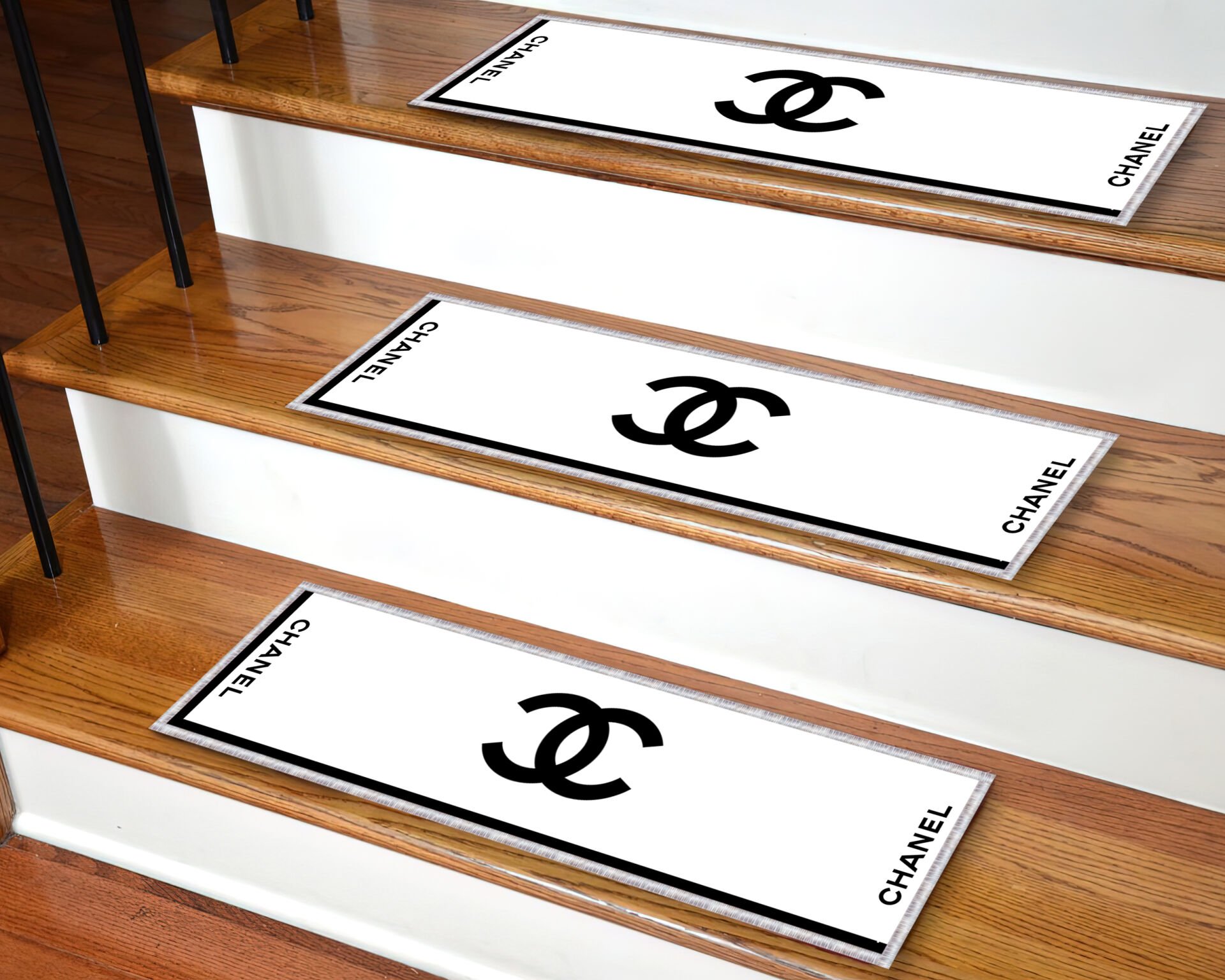 Luxury Chanel-Inspired White & Black Stair Mats – Non-Slip Designer Step Rugs