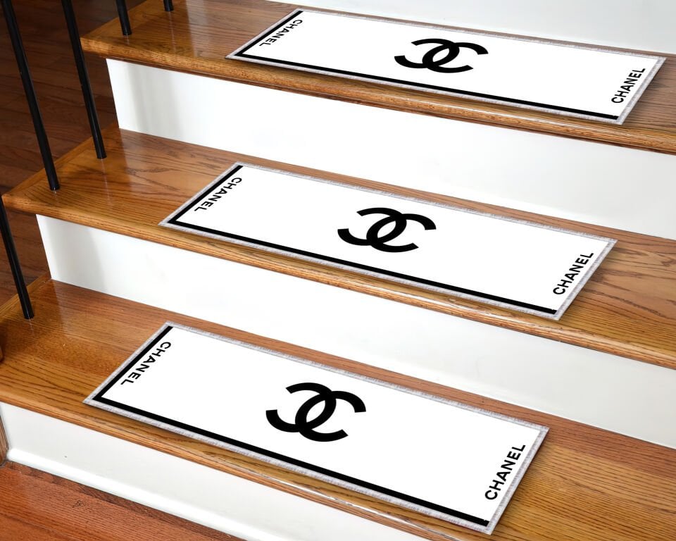 Luxury Chanel-Inspired White & Black Stair Mats – Non-Slip Designer Step Rugs