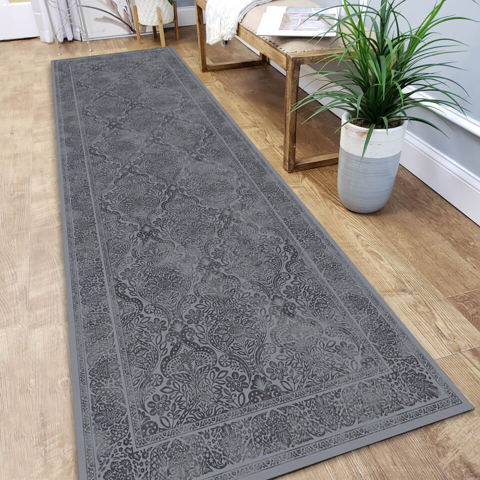 Gray Oriental Runner Rug Intricate Paisley Floral Pattern Carpet