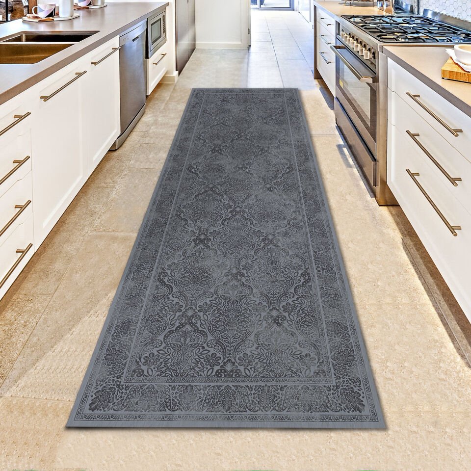 Gray Oriental Runner Rug Intricate Paisley Floral Pattern Carpet