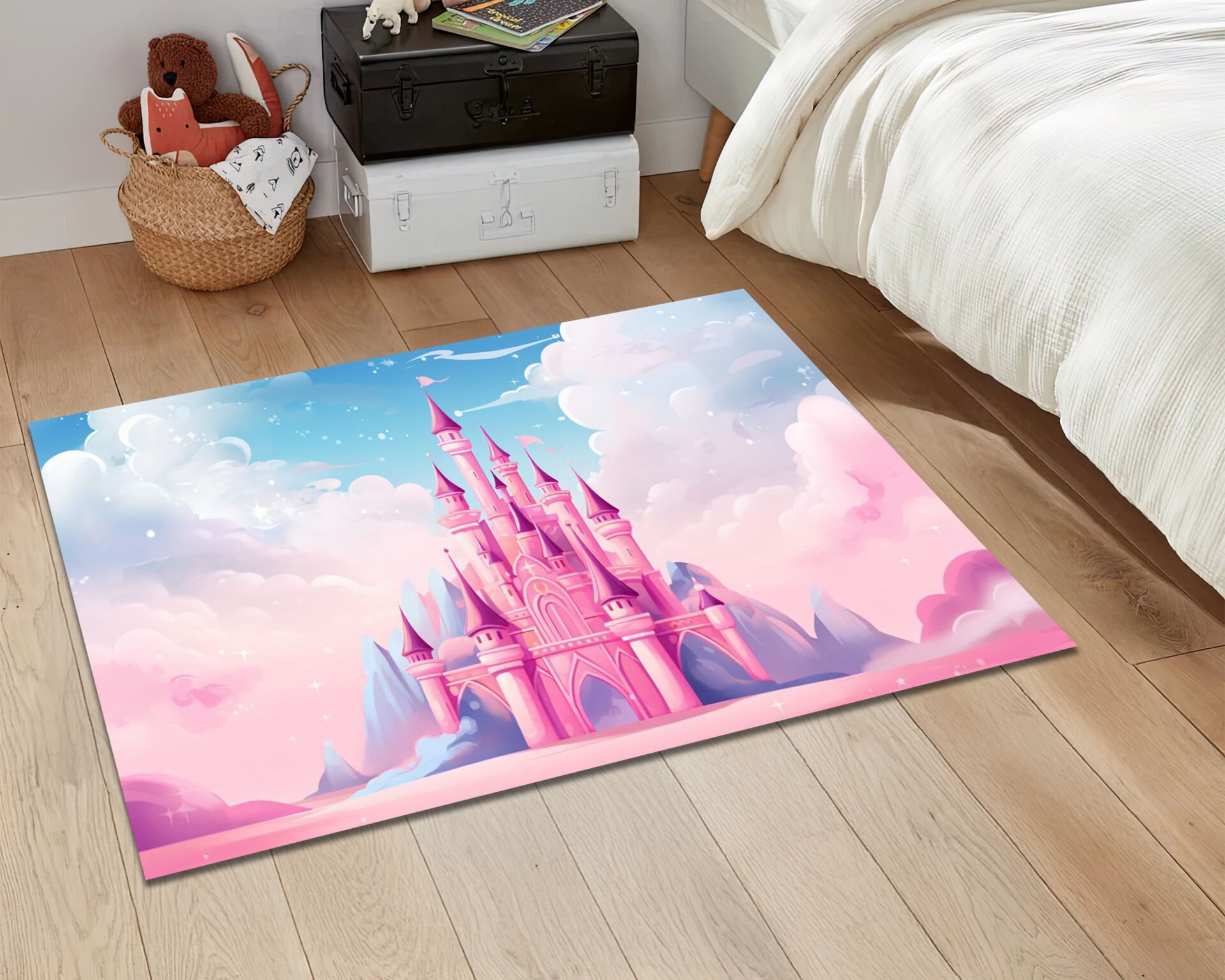 Pink Princess Castle Rug Fairy Tale Kids Room Decor Fantasy Palace Carpet Nursery Playroom Mat