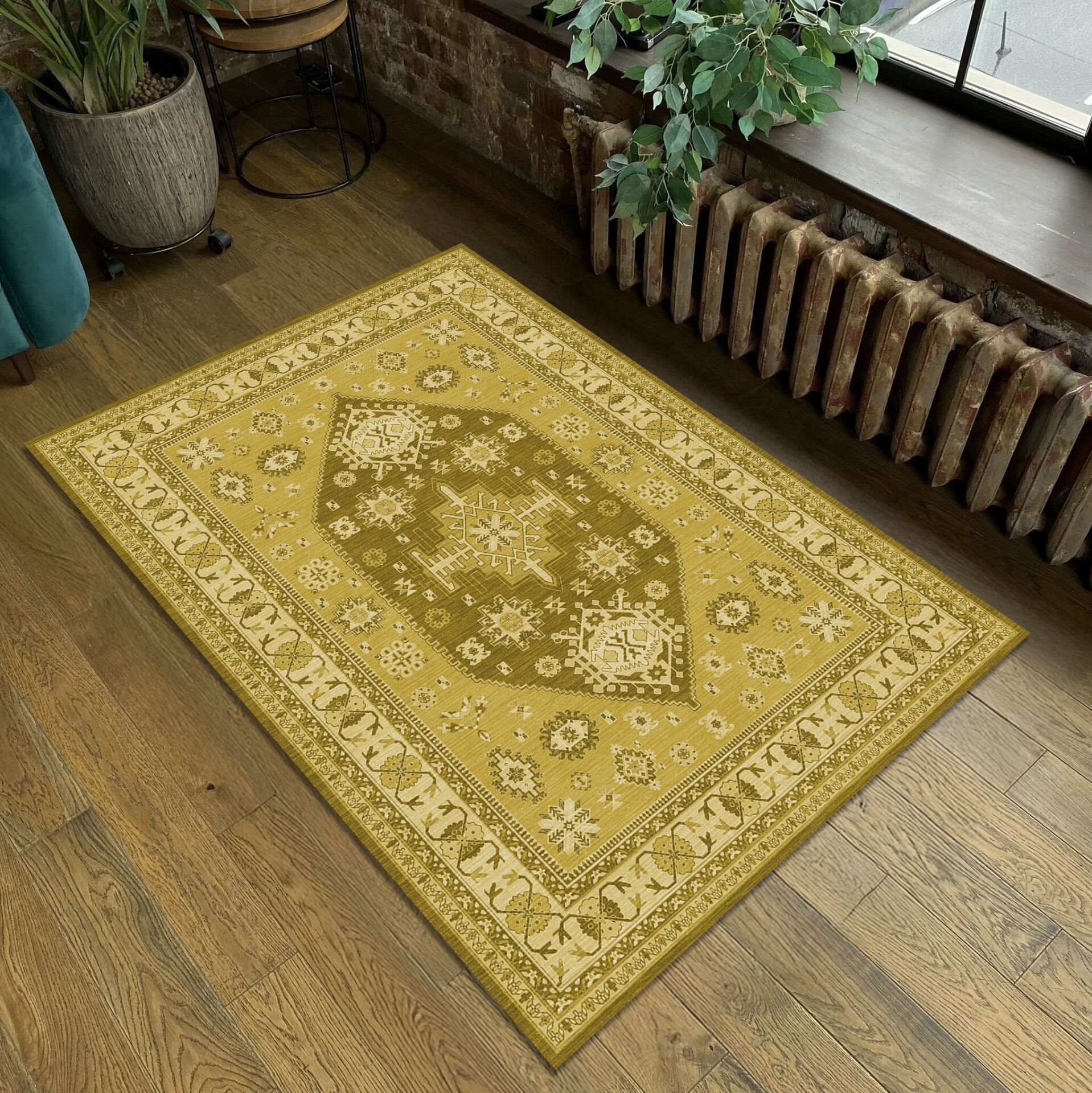 Geometric Tribal Rug Yellow Ethnic Pattern Carpet for Living Room Bedroom