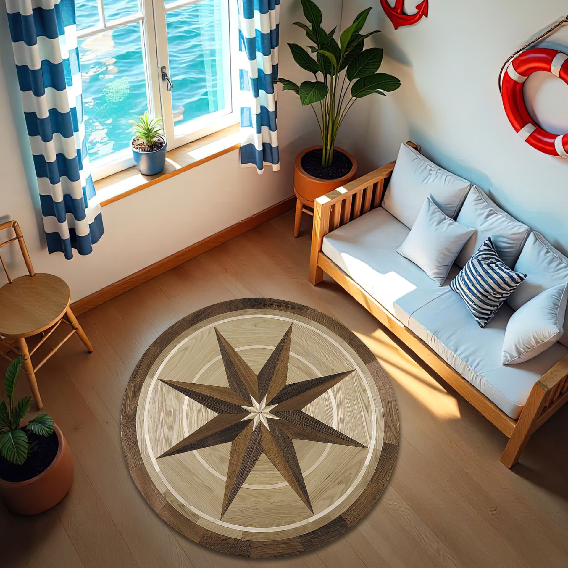 Vintage Wooden Star Compass Design Round Rug