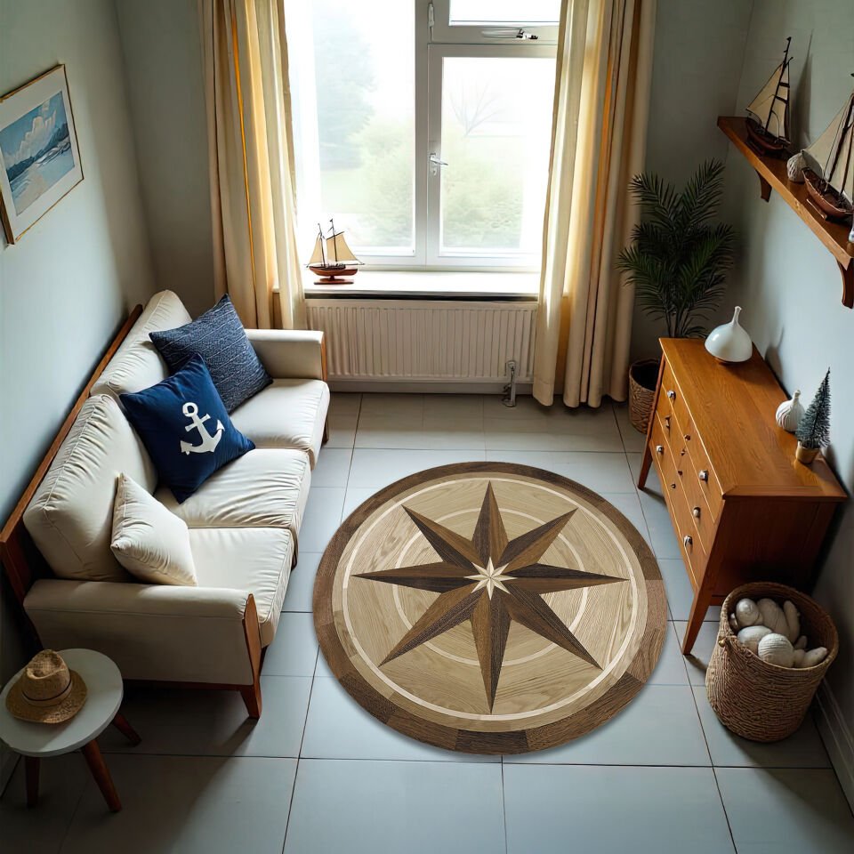 Vintage Wooden Star Compass Design Round Rug