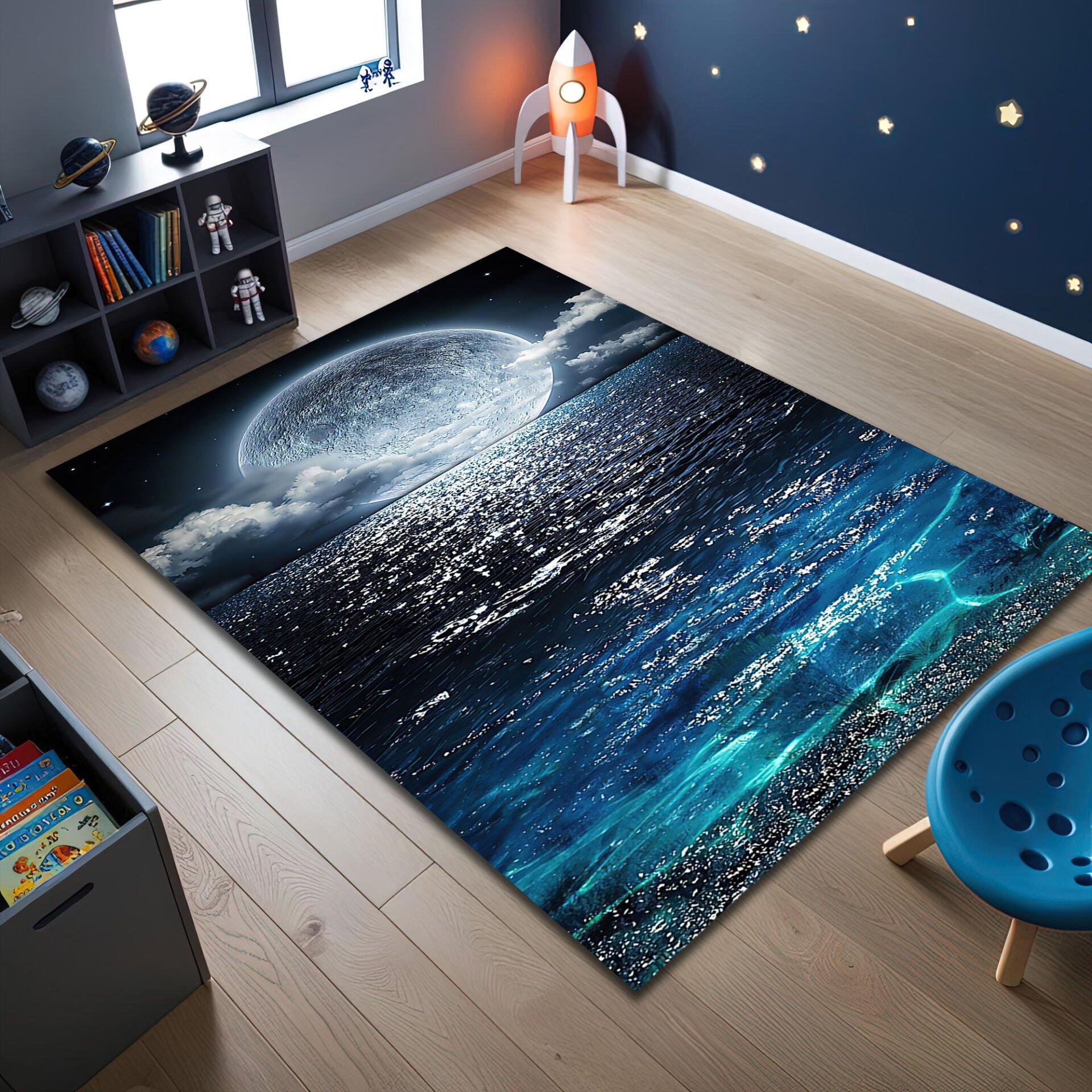 Moonlit Ocean Kids Rug – Dreamy Night Sea Carpet for Children's Room