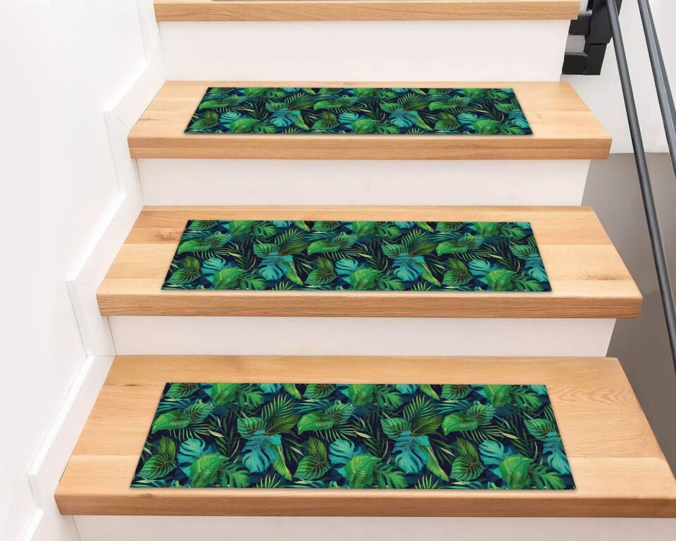 Tropical Leaf Pattern Stair Treads – Vibrant Green Jungle Foliage Stair Mats for Bold Home Style