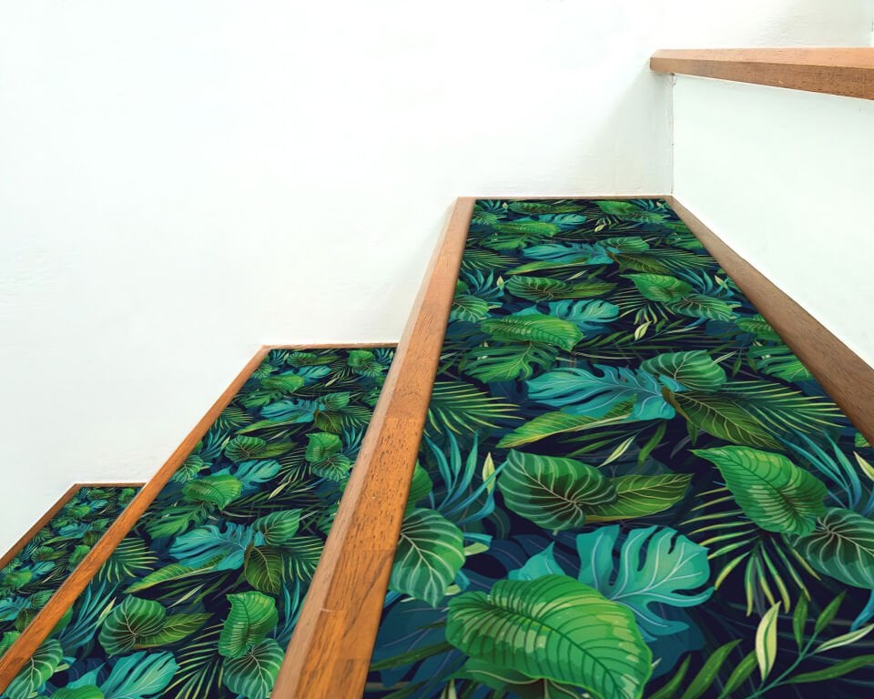 Tropical Leaf Pattern Stair Treads – Vibrant Green Jungle Foliage Stair Mats for Bold Home Style