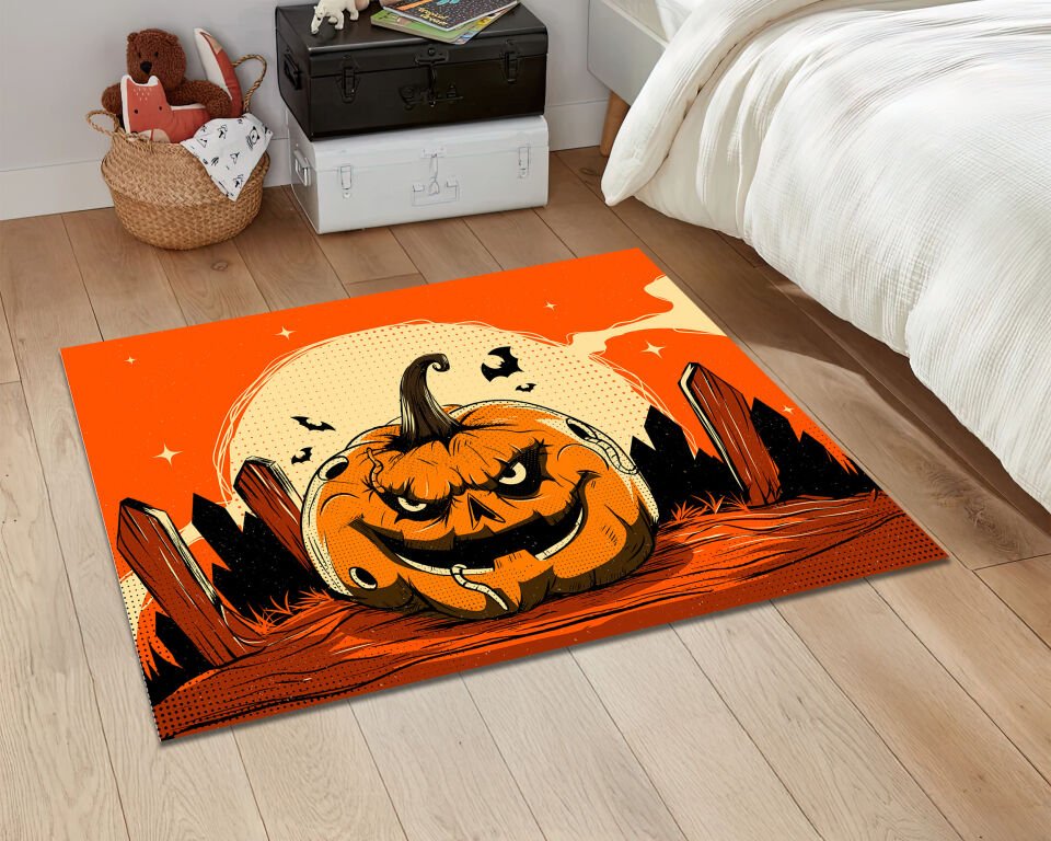 Halloween Pumpkin Rug Jack O Lantern Carpet Spooky Fall Decor Creepy Floor Mat Retro Scary Pumpkin Art Rug