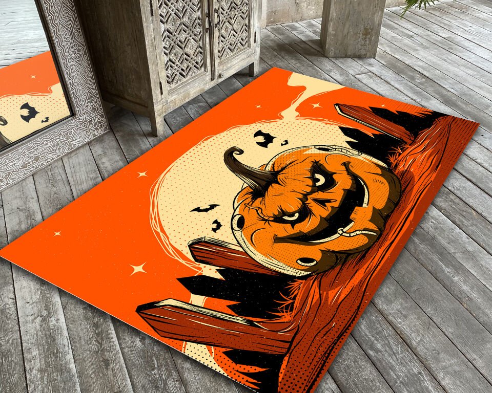 Halloween Pumpkin Rug Jack O Lantern Carpet Spooky Fall Decor Creepy Floor Mat Retro Scary Pumpkin Art Rug