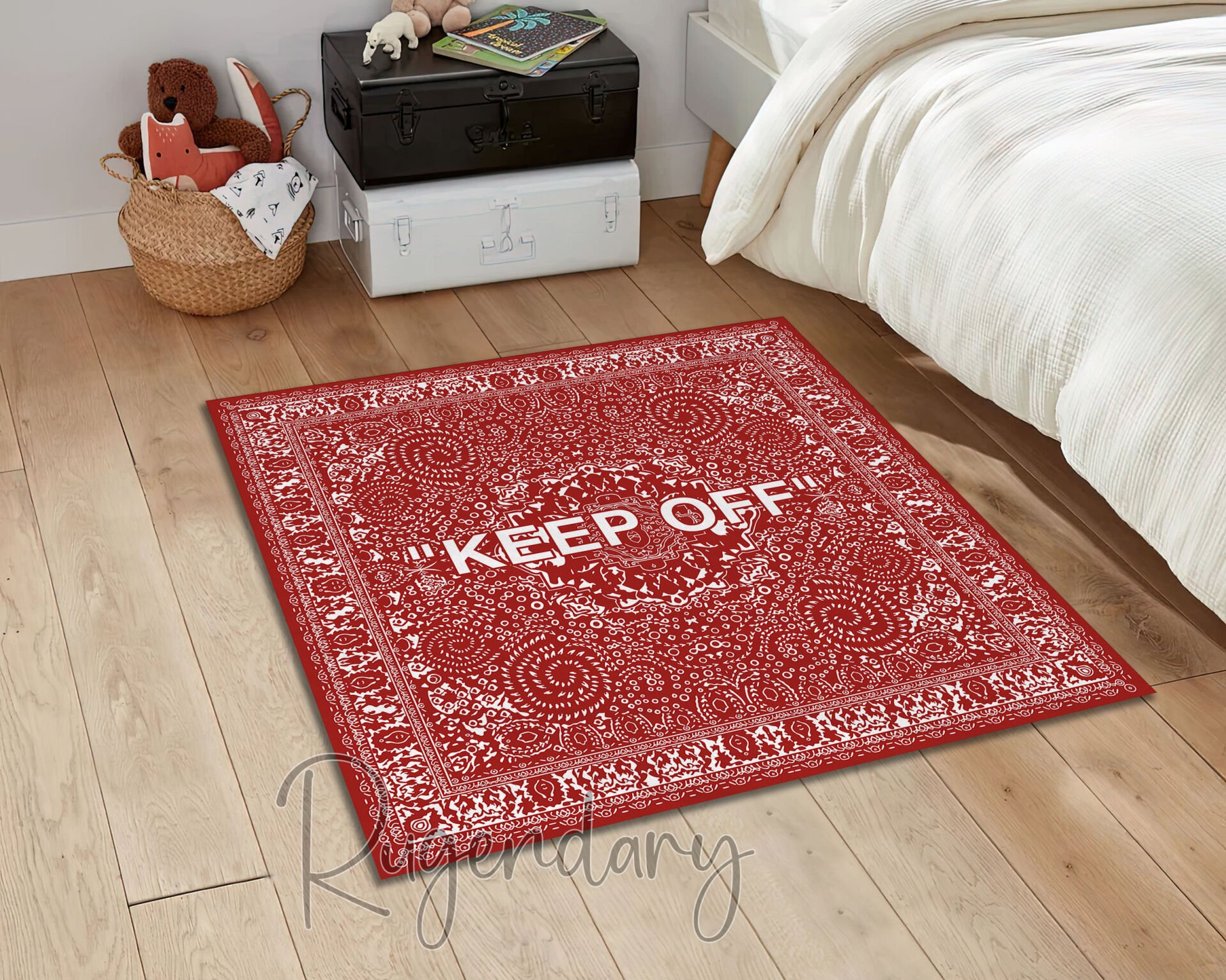 Bold Red ''KEEP OFF'' Square Rug – Street Style Statement Carpet