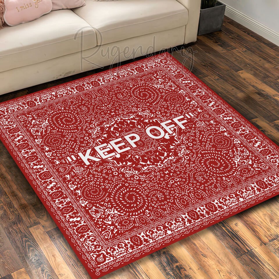 Bold Red ''KEEP OFF'' Square Rug – Street Style Statement Carpet