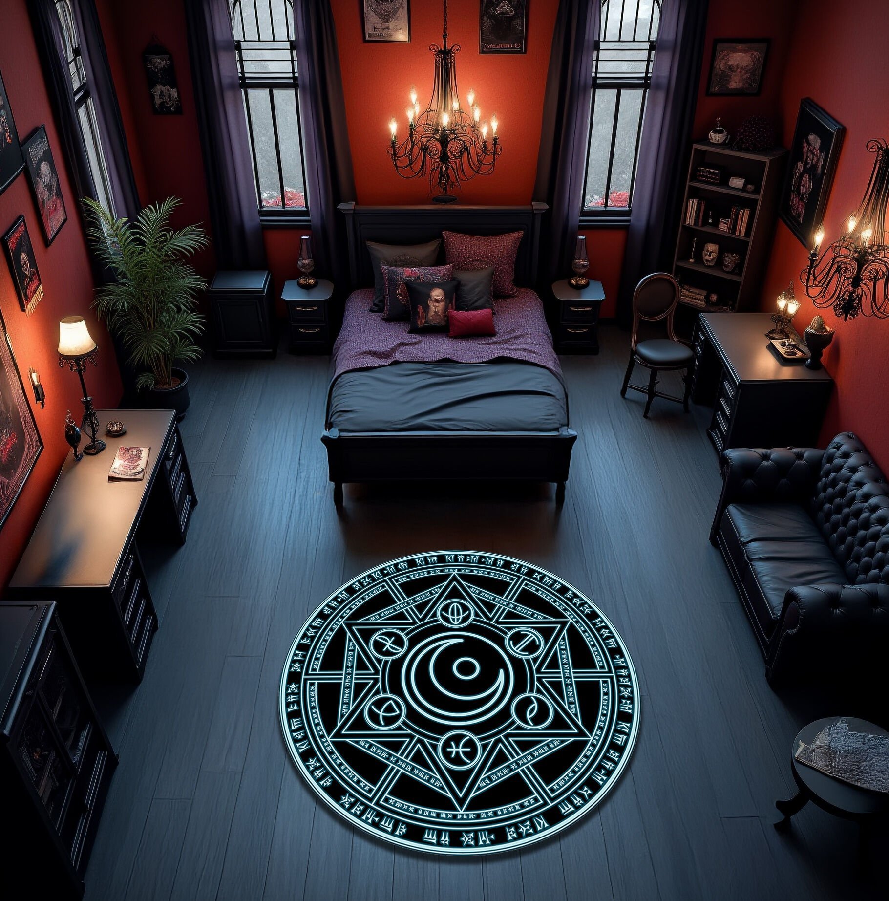 Glowing Magic Circle Round Rug – Mystic Alchemy Sigil Carpet for Gothic, Occult, and Witchcore Decor