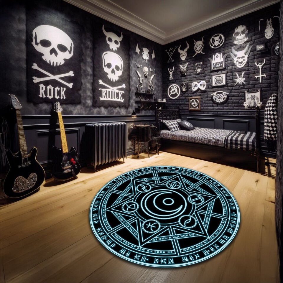 Glowing Magic Circle Round Rug – Mystic Alchemy Sigil Carpet for Gothic, Occult, and Witchcore Decor