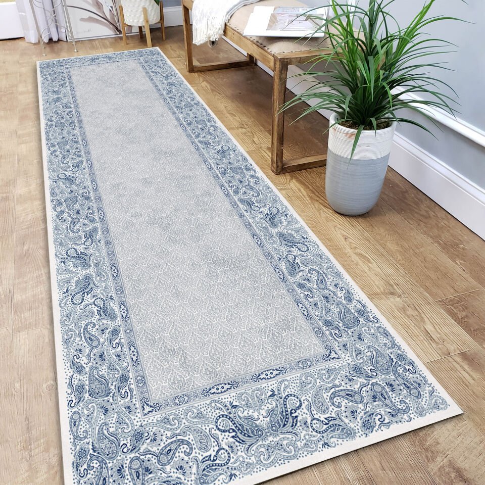 Blue Paisley Border Kitchen Runner Rug – Hallway Carpet for Kitchen, Entryway