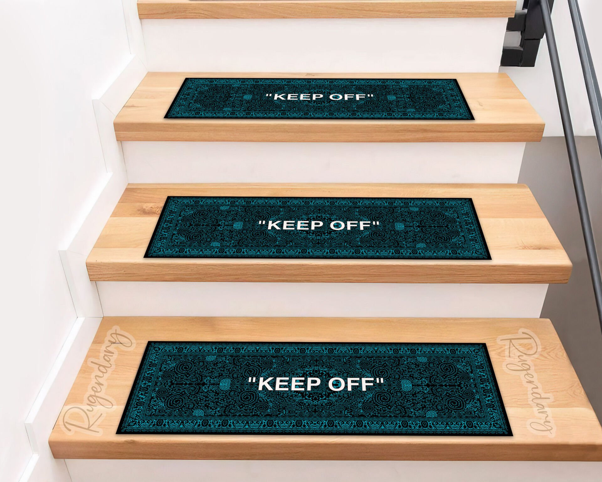 Modern Black & Teal Stair Mat with “KEEP OFF” Quote – Stylish Step Protector