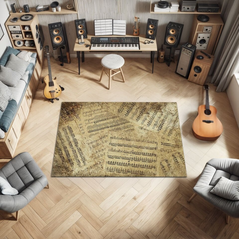 Vintage Sheet Music Rug – Aged Musical Notes Pattern Carpet