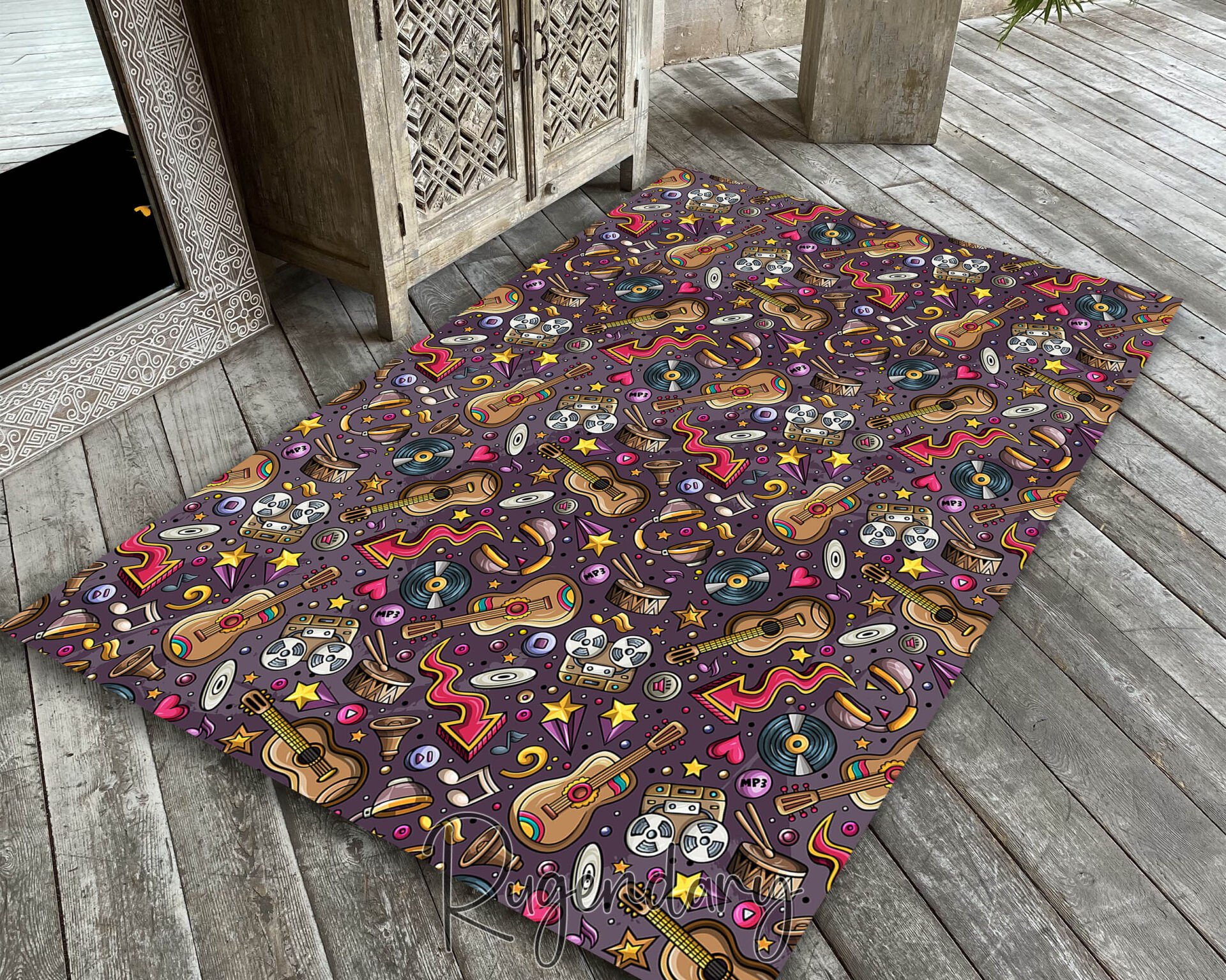 Colorful Retro Music Rug – Vinyl, Guitar & Cassette Pattern