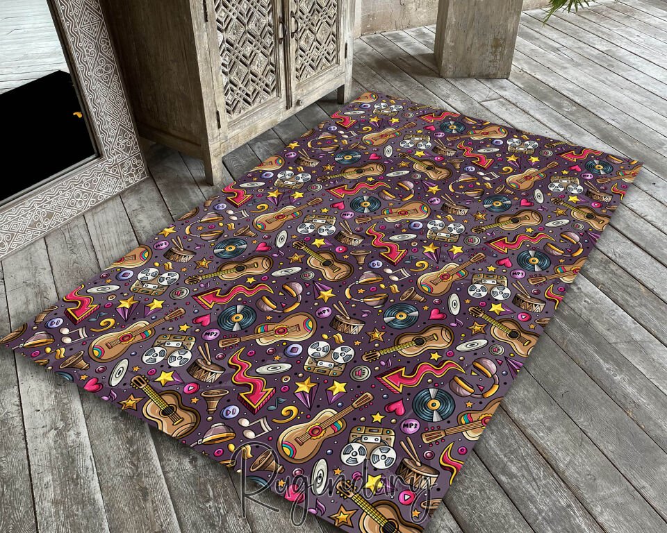 Colorful Retro Music Rug – Vinyl, Guitar & Cassette Pattern