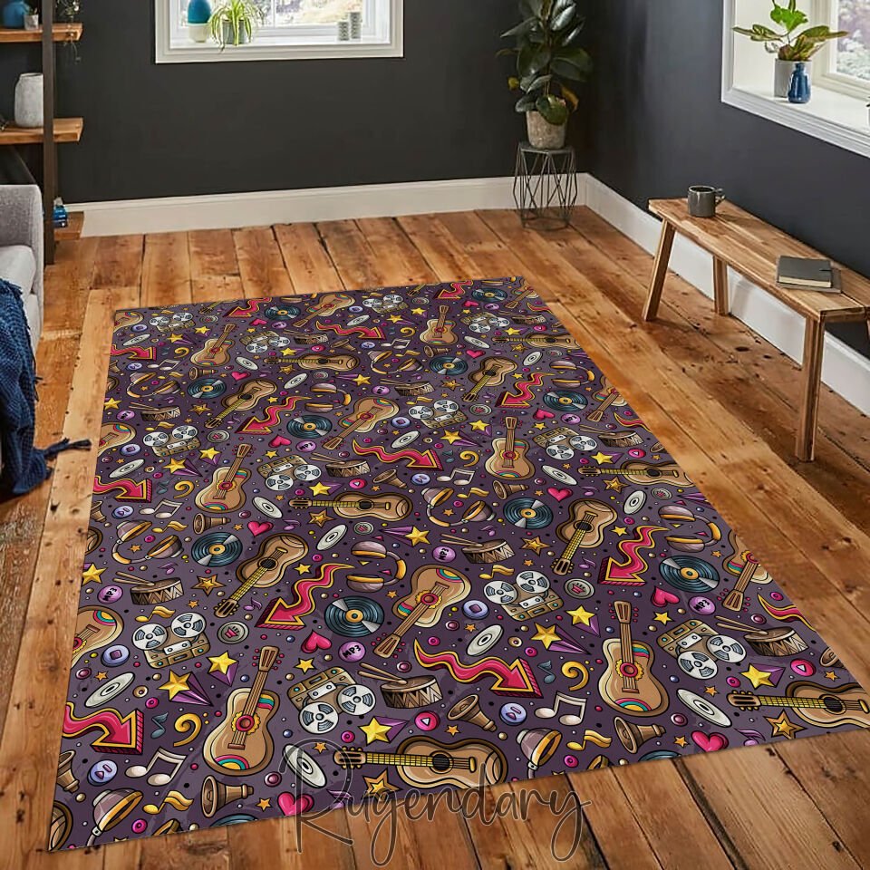 Colorful Retro Music Rug – Vinyl, Guitar & Cassette Pattern