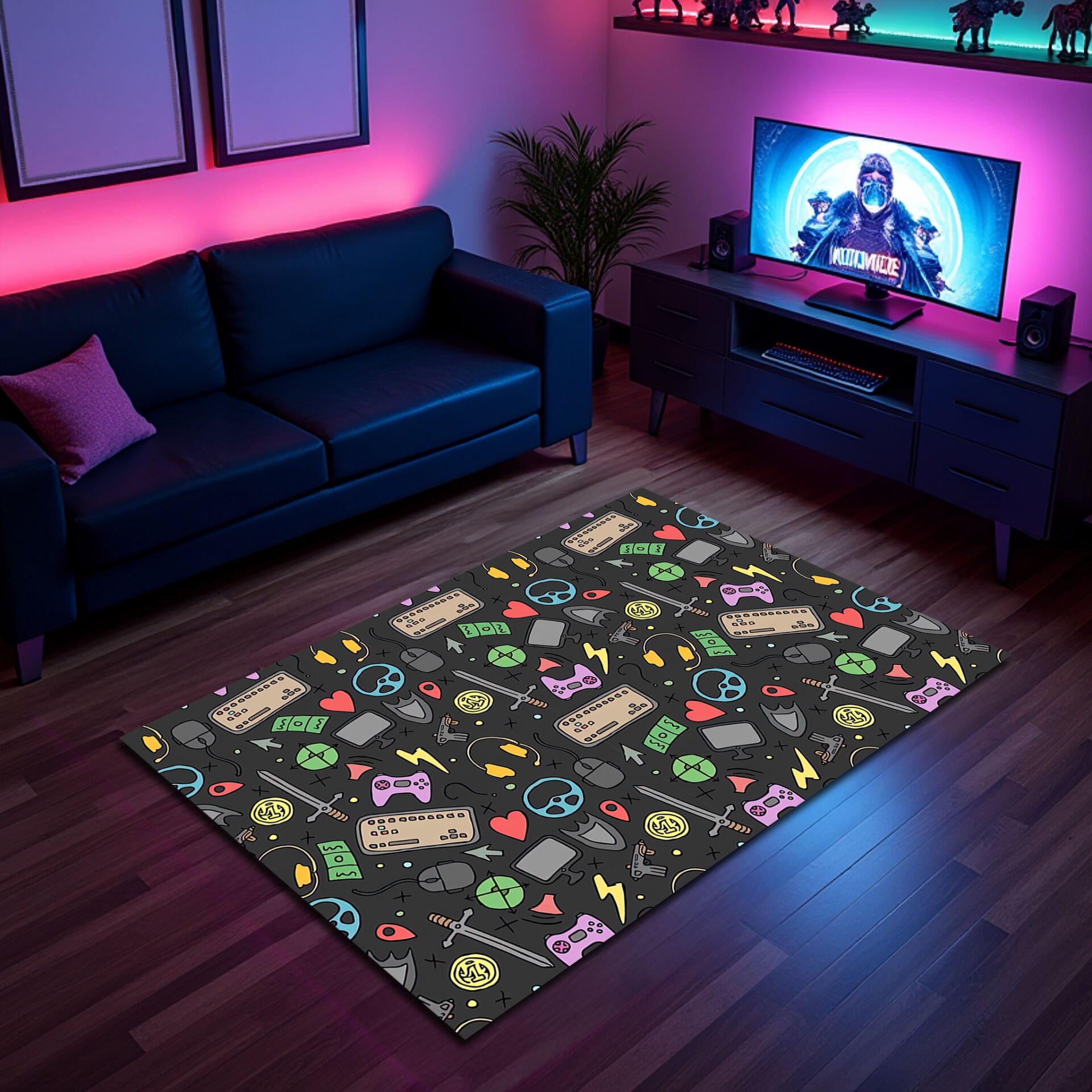 Colorful Gaming Icons Rug – Fun & Vibrant Gamer Room Decor