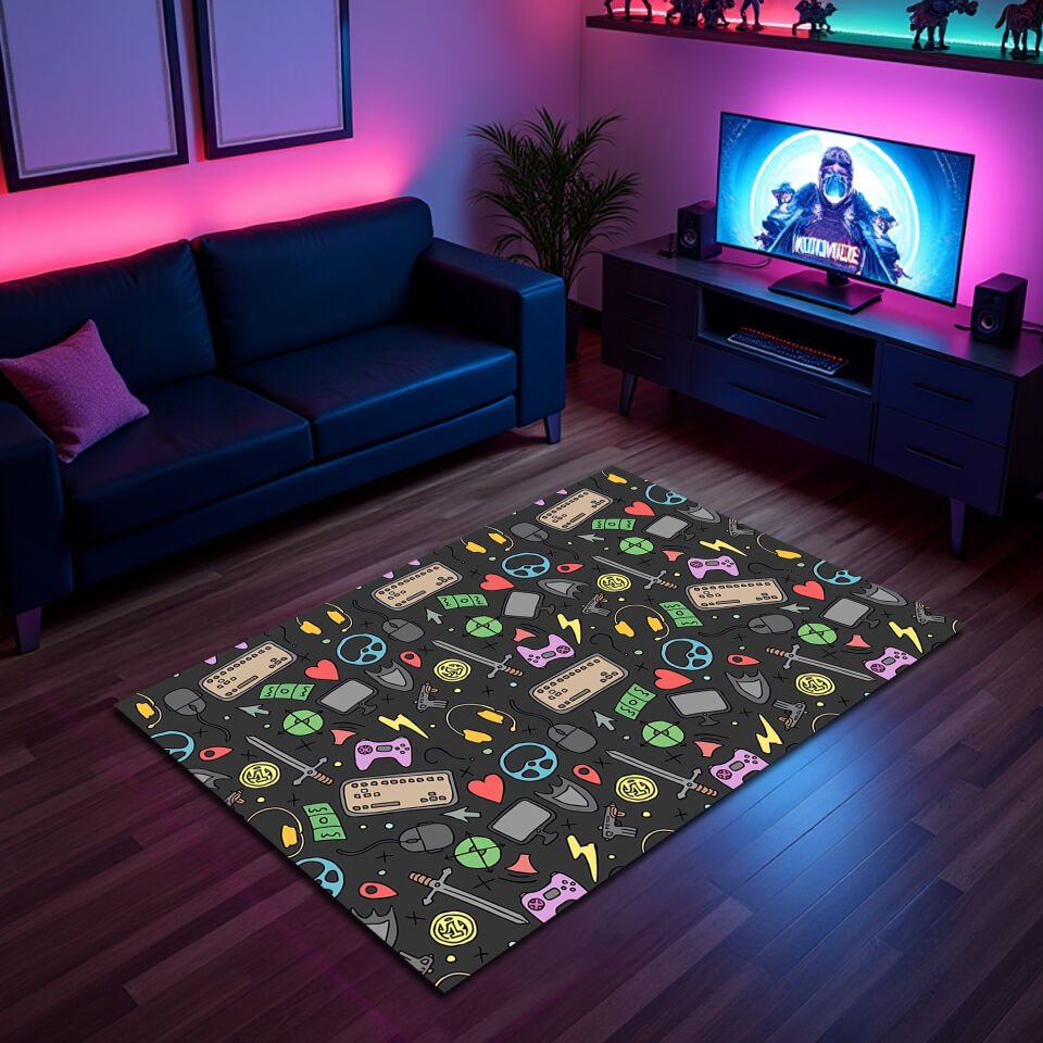 Colorful Gaming Icons Rug – Fun & Vibrant Gamer Room Decor