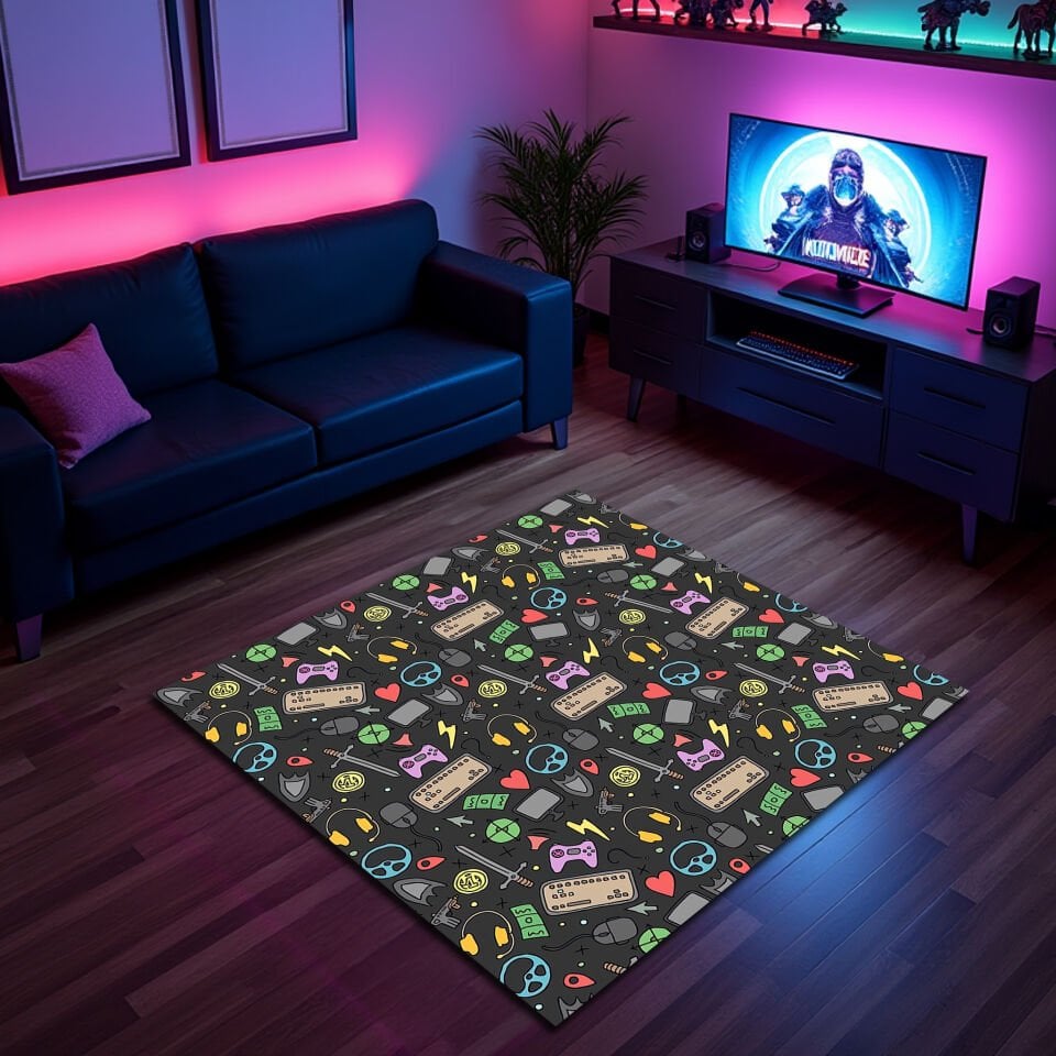 Colorful Gaming Icons Rug – Fun & Vibrant Gamer Room Decor