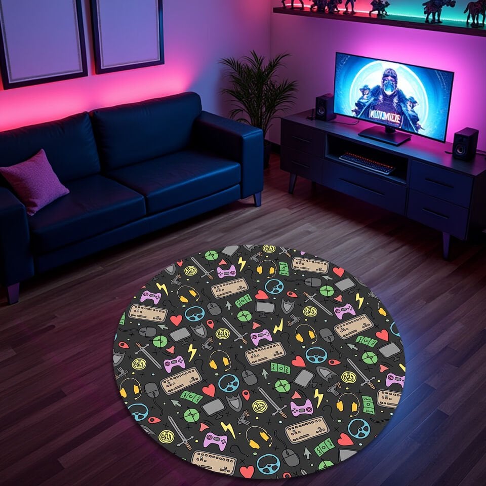 Colorful Gaming Icons Rug – Fun & Vibrant Gamer Room Decor