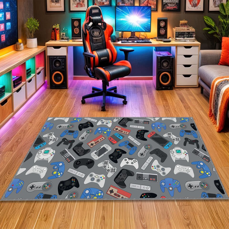 Retro and Modern Game Controllers Rug – Colorful Gaming Console Pattern Carpet for Game Room Decor