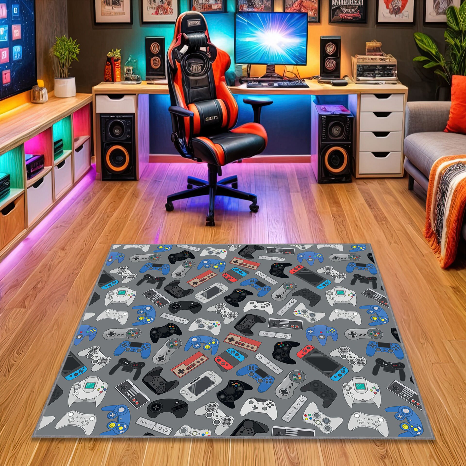 Retro and Modern Game Controllers Rug – Colorful Gaming Console Pattern Carpet for Game Room Decor