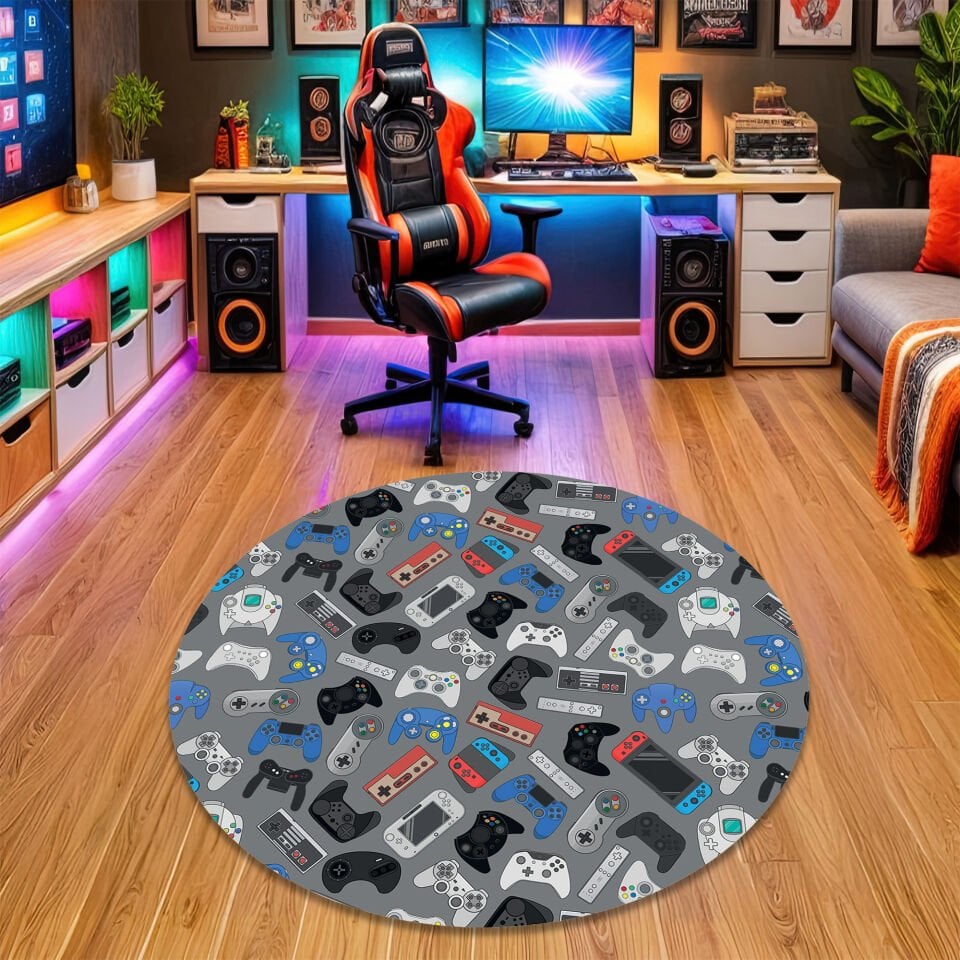 Retro and Modern Game Controllers Rug – Colorful Gaming Console Pattern Carpet for Game Room Decor