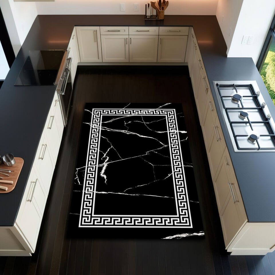 Luxury Marble Kitchen Rug – Black and White Elegant Geometric Floor Mat