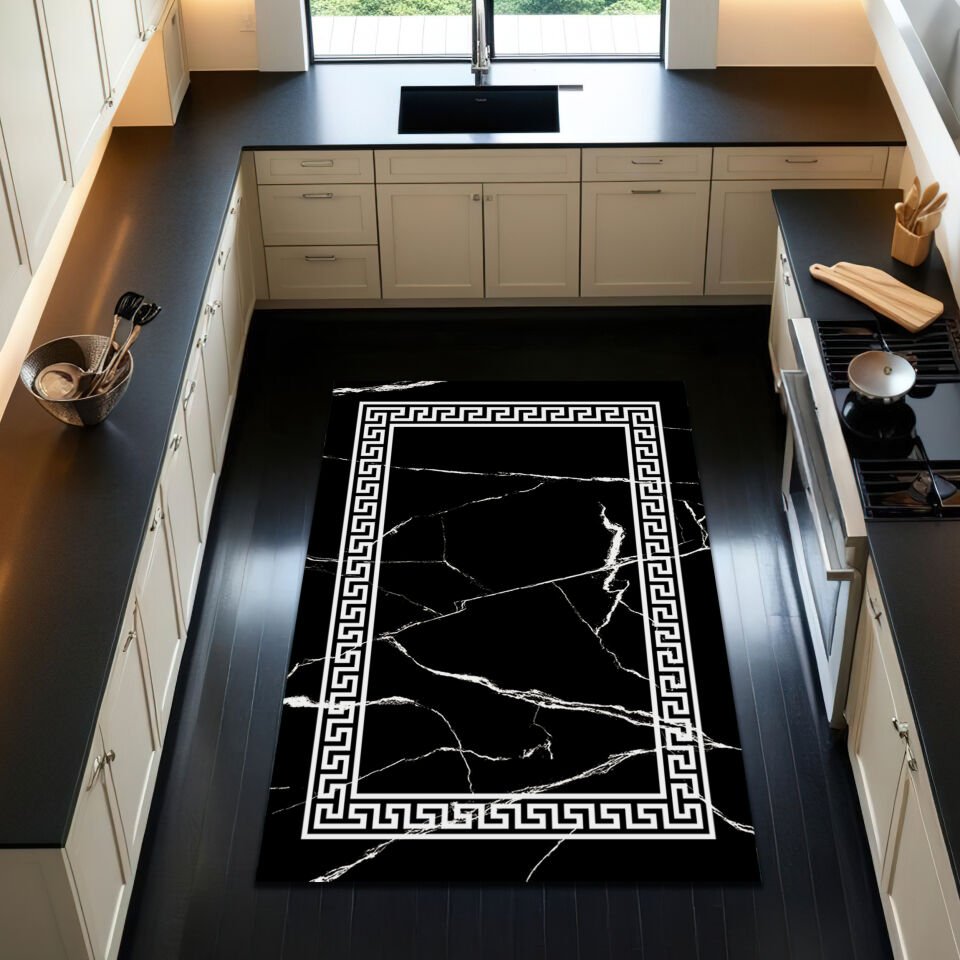 Luxury Marble Kitchen Rug – Black and White Elegant Geometric Floor Mat