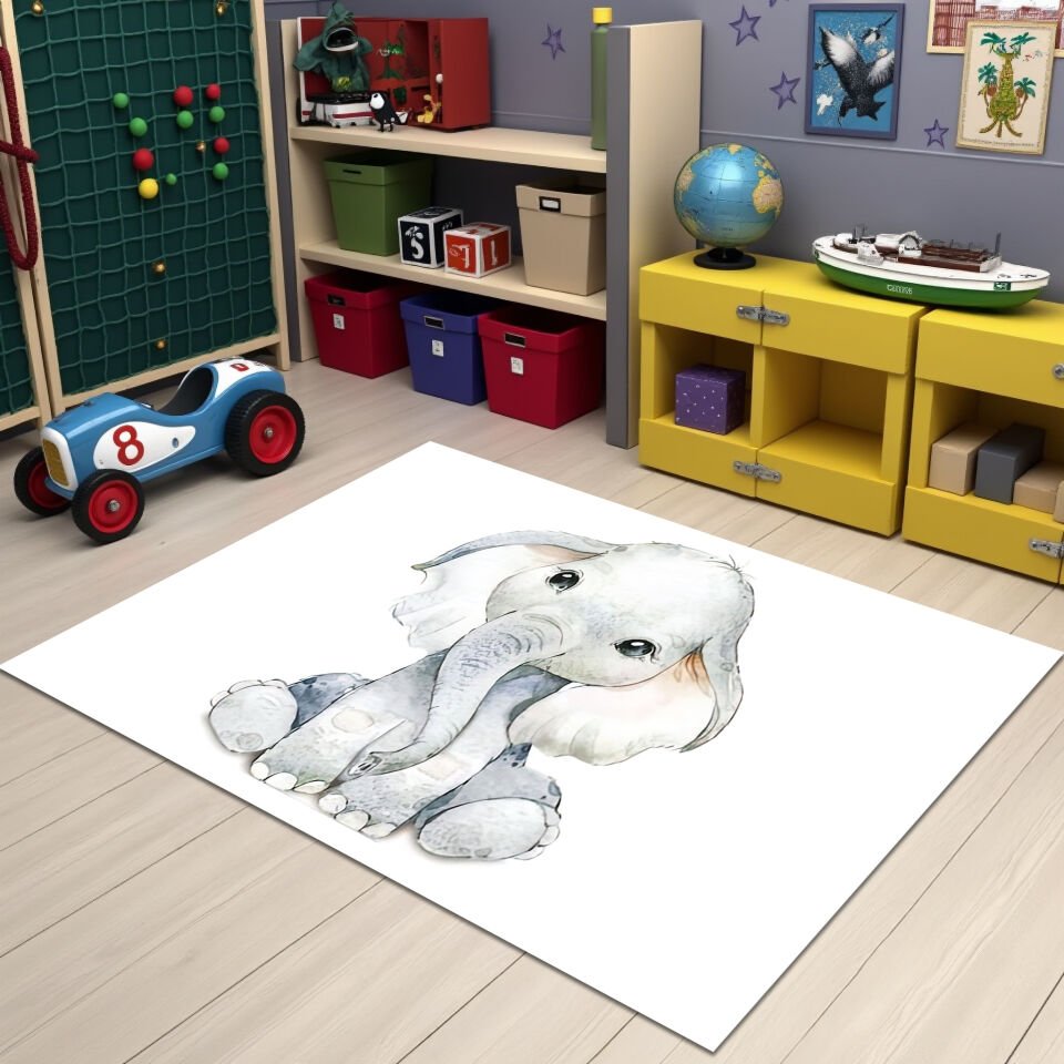 Cute Baby Elephant Rug – Soft Nursery Area Carpet for Kids Room