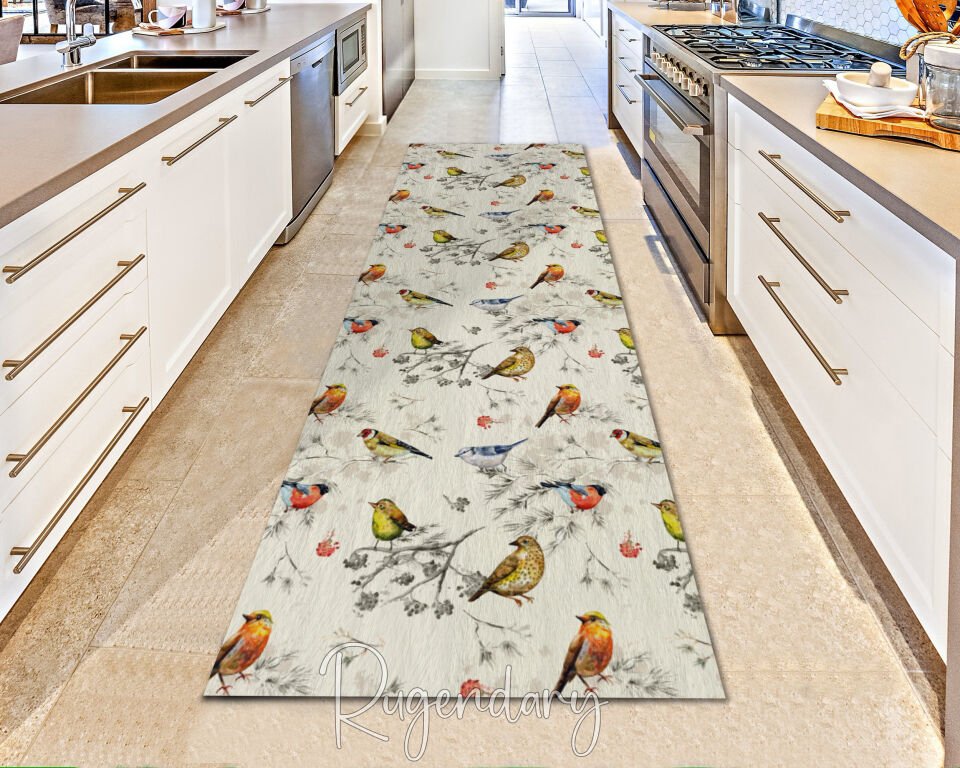 Colorful Bird Pattern Kitchen Runner Rug – Non-Slip & Washable Hallway Carpet