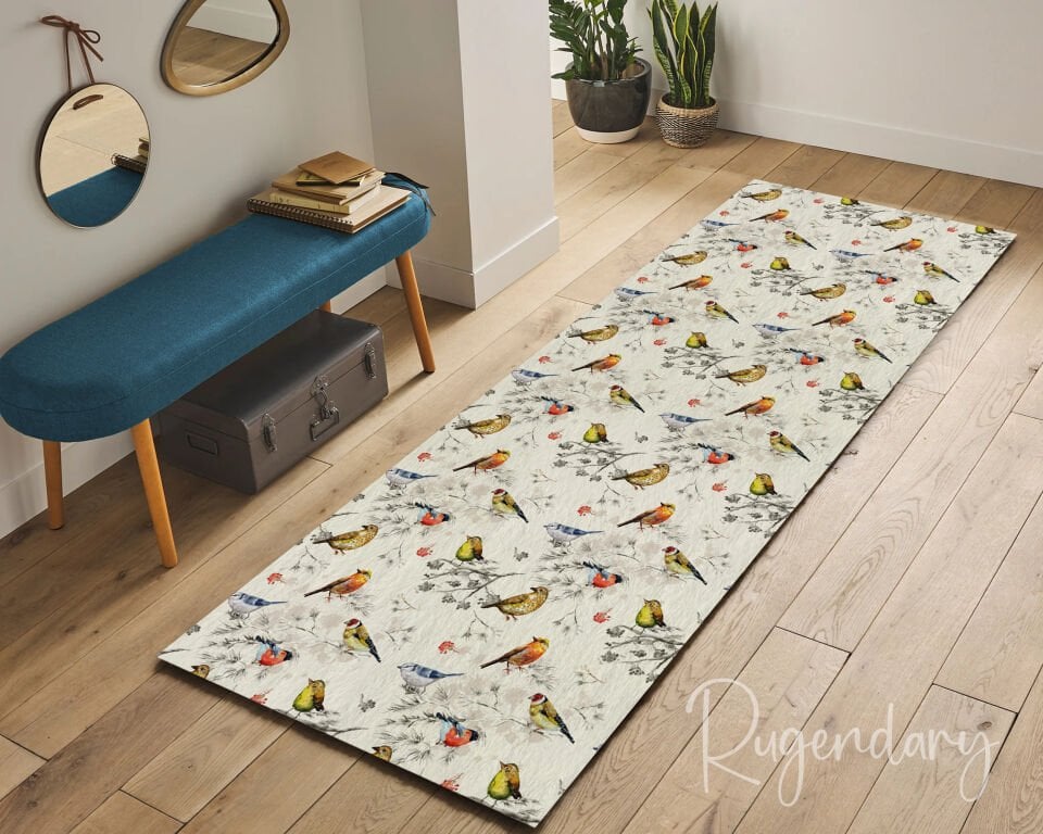 Colorful Bird Pattern Kitchen Runner Rug – Non-Slip & Washable Hallway Carpet