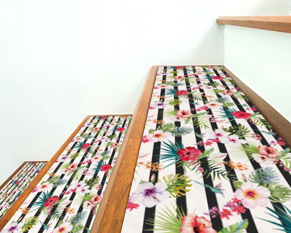 Tropical Floral Stripe Stair Treads – Vibrant Garden-Inspired Step Mats